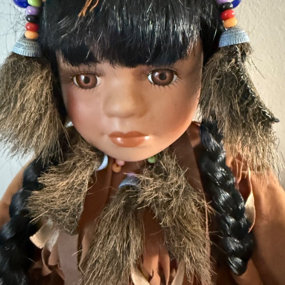 Native American Inspired Collectible Porcelain Doll With Intricate Beadwork & Su